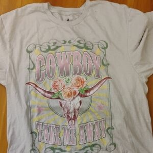 White Short Sleeve Tee with Pastel Longhorn Design